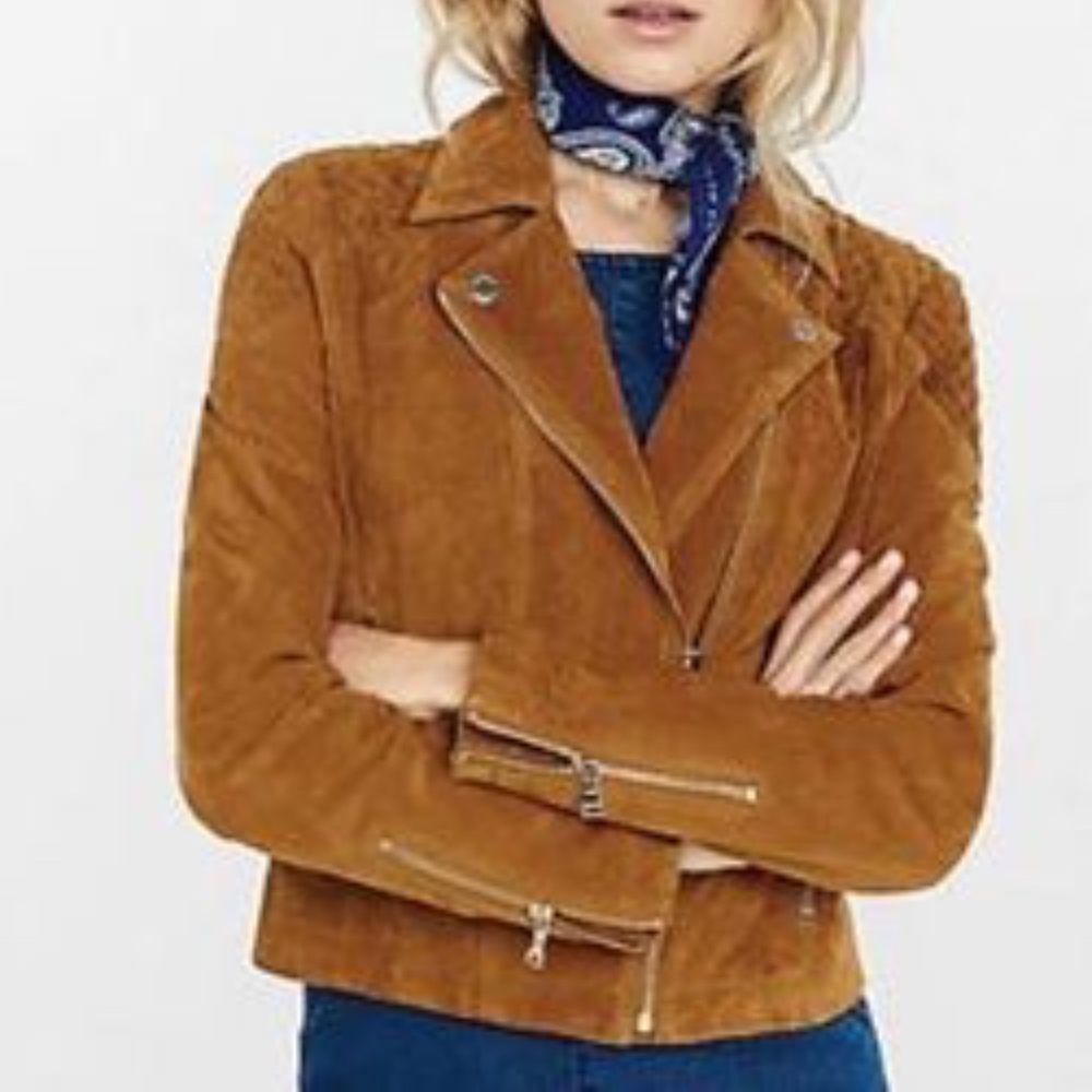 Express Genuine Suede Brown Quilted Moto Jacket